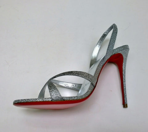 Christian Louboutin Emilie 100 Silver Glitter Sandals Slingback Heels