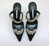 Manolo Blahnik Lurum 90 Black Satin Strass Rhinestone Heels Mules
