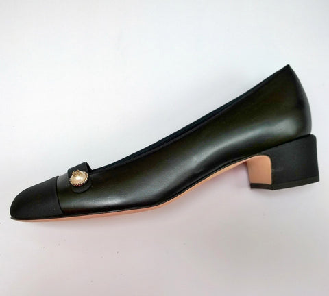 Chanel Black Leather and Grosgrain Block Heel Shoes with CC Pearl Detail