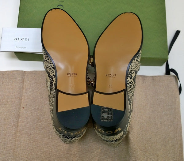 Gucci Python Print Leather Ankle Boots with Gold Logo Buckles Shoes Avana