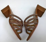 Aquazzura Moondust Crystal 50 Cuoio Tan Leather with Rhinestone Sandals Block Heel Slides