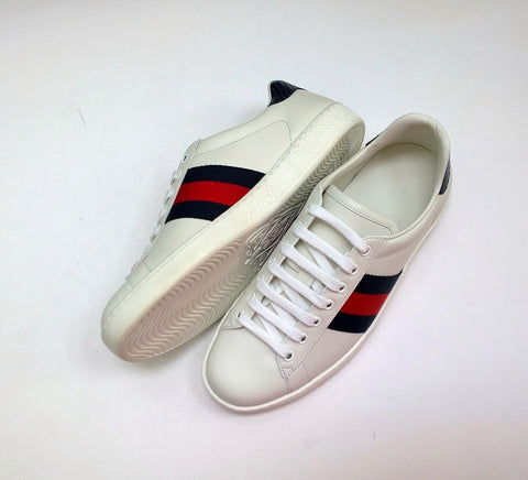 Gucci New Ace Blue Croc Tab White Leather Sneakers with Grosgrain Detail