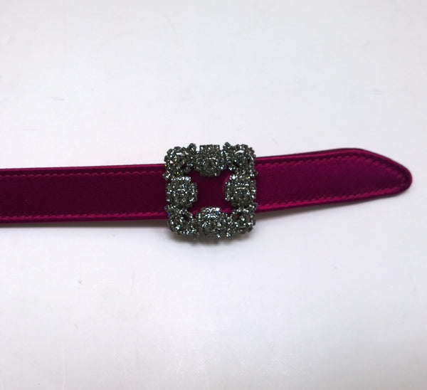Manolo Blahnik Hangisi Mini Fuchsia Satin Rhinestone Buckle Belt 20mm Dark Pink
