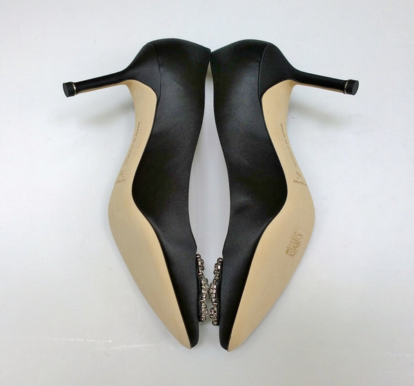 Manolo Blahnik Hangisi 70 Black Satin Rhinestone Buckle Strass Heels