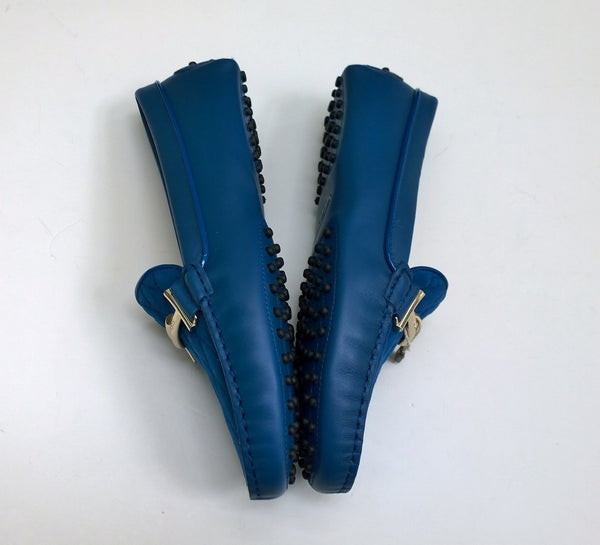 Tod's Double T Loafers in Quilted Blue Suede and Leather Silver Flats Gommino Driving Shoes