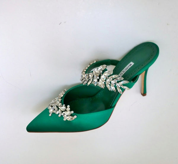 Manolo Blahnik Lurum 90 Bright Green Satin and Rhinestone Heels Strass Mules