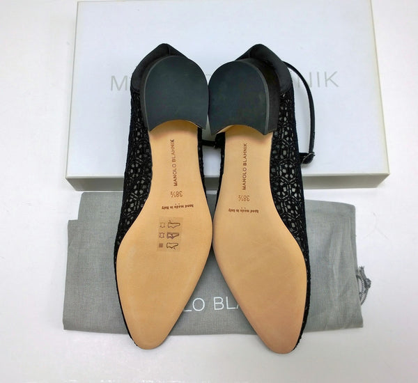Manolo Blahnik Listana Lace and Satin Ankle Strap Block Heels