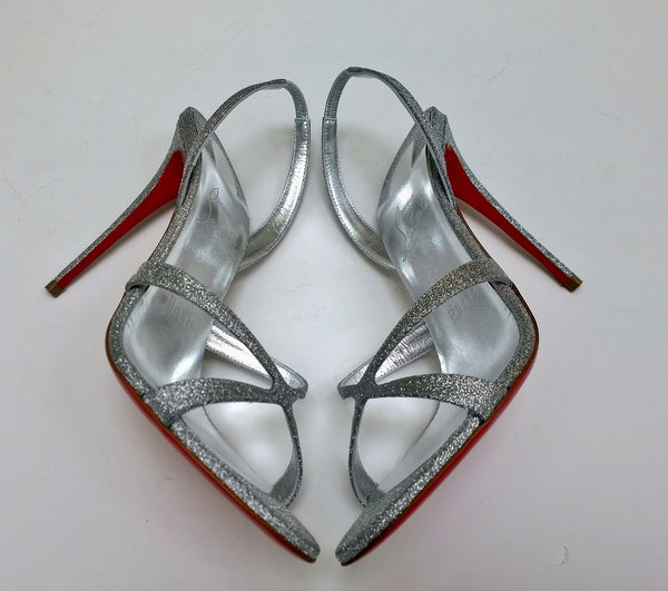 Christian Louboutin Emilie 100 Silver Glitter Sandals Slingback Heels
