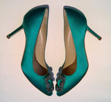 Manolo Blahnik Hangisi 90 Rhinestone Buckle Heels in Bright Green Satin Strass Shoes