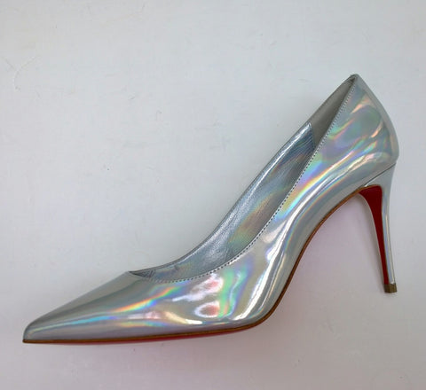 Christian Louboutin Kate 85 Patent Psychic Bianco Silver Iridescent Heels