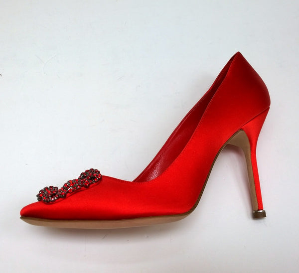 Manolo Blahnik Hangisi 105 Red Satin Heels with Red Rhinestone Buckle Shoes