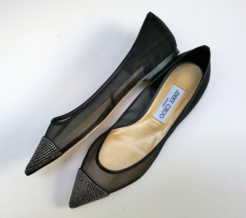 Jimmy Choo Amika Flats in Black Mesh and Rhinestones Strass Shoes