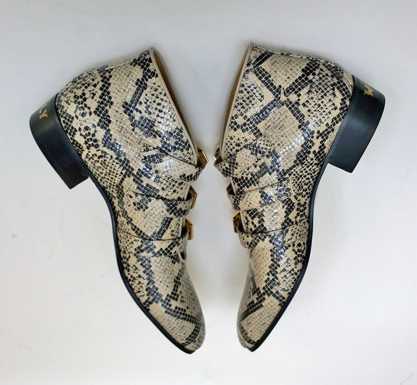 Gucci Python Print Leather Ankle Boots with Gold Logo Buckles Shoes Avana