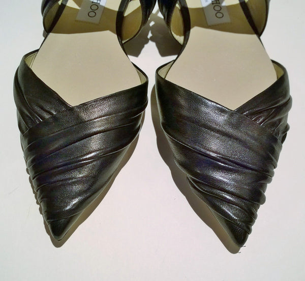 Jimmy Choo Basil Black Leather Pleated Ankle Strap Flats Shoes