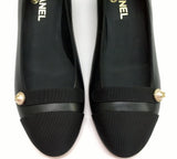 Chanel Black Leather and Grosgrain Block Heel Shoes with CC Pearl Detail