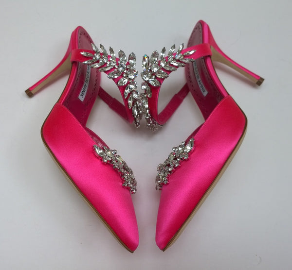 Manolo Blahnik Lurum 90 Heels in Pink Satin with Strass Rhinestone Mules