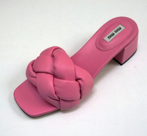 Miu Miu Donna Pink Leather Quilted Puffy Slides Sandals Padded Heels
