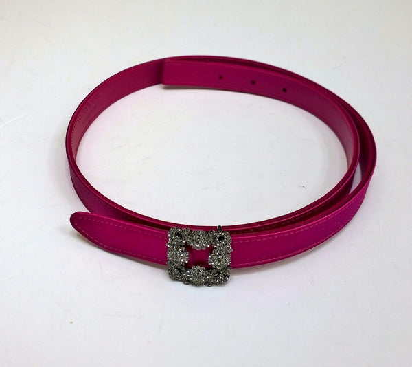 Manolo Blahnik Hangisi Mini Fuchsia Satin Rhinestone Buckle Belt 20mm Dark Pink
