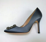 Manolo Blahnik Hangisi 105 Grey Satin Rhinestone Buckle Heels