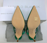 Manolo Blahnik Lurum 90 Bright Green Satin and Rhinestone Heels Strass Mules