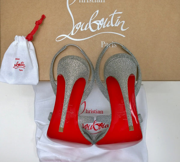 Christian Louboutin Emilie 100 Silver Glitter Sandals Slingback Heels