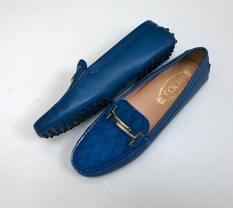Tod's Double T Loafers in Quilted Blue Suede and Leather Silver Flats Gommino Driving Shoes