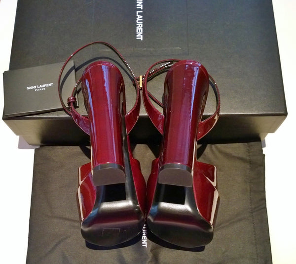 Saint Laurent Jodie Sparkling Burgundy Patent Platform Sandals Heels