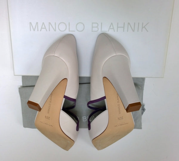 Manolo Blahnik Husnu 90 Cream Grey Leather Cutout Block Heels