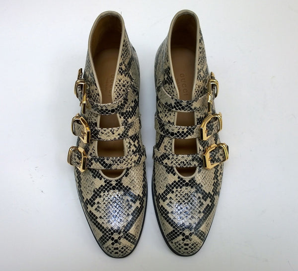 Gucci Python Print Leather Ankle Boots with Gold Logo Buckles Shoes Avana