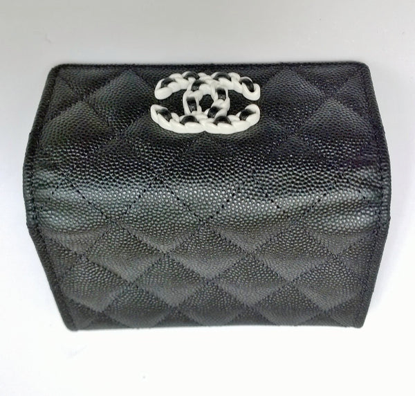 Chanel Black Cavier Leather Quilted CC Logo Small Flap Card Holder Wallet