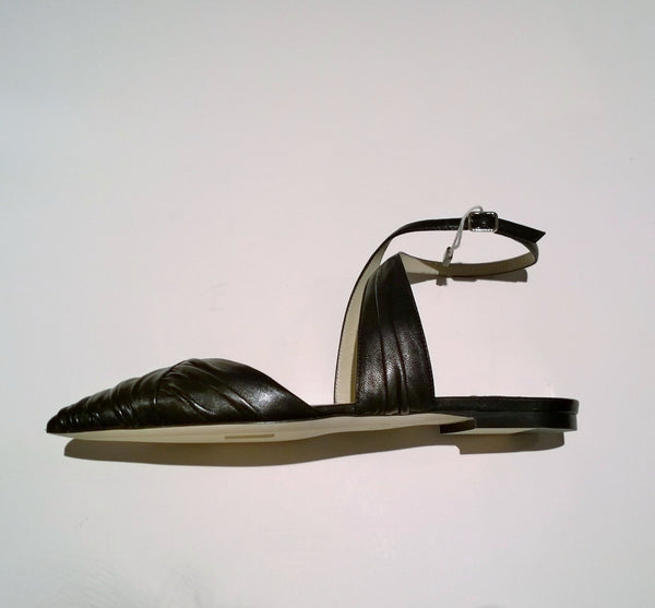 Jimmy Choo Basil Black Leather Pleated Ankle Strap Flats Shoes