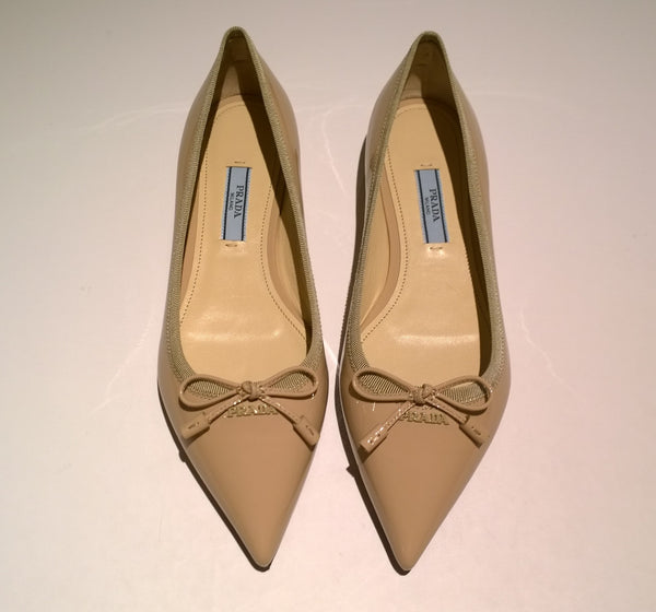 Prada Bow Pointy Ballet Flats in Cipria Nude Patent Leather Shoes