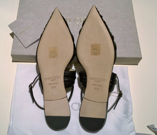 Jimmy Choo Basil Black Leather Pleated Ankle Strap Flats Shoes