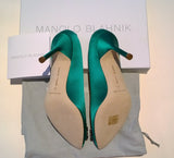 Manolo Blahnik Hangisi 90 Rhinestone Buckle Heels in Bright Green Satin Strass Shoes