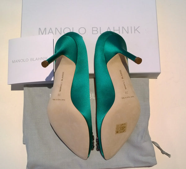 Manolo Blahnik Hangisi 90 Rhinestone Buckle Heels in Bright Green Satin Strass Shoes