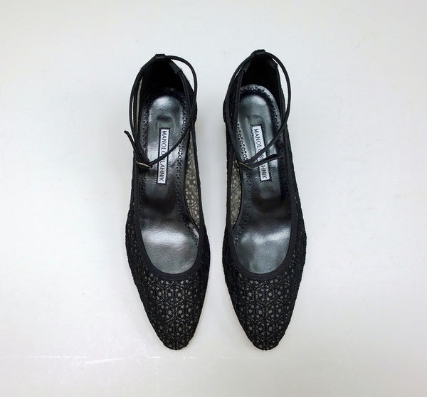Manolo Blahnik Listana Lace and Satin Ankle Strap Block Heels