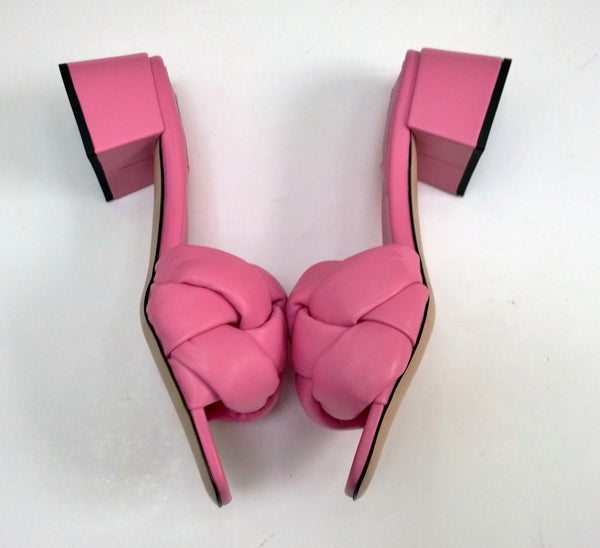 Miu Miu Donna Pink Leather Quilted Puffy Slides Sandals Padded Heels