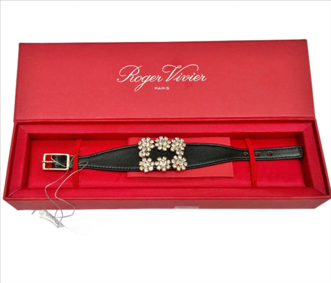 Roger Vivier Broche Vivier Black Leather Rhinestone Buckle Bracelet RV Jewelry