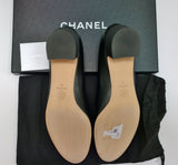 Chanel Black Leather and Grosgrain Block Heel Shoes with CC Pearl Detail