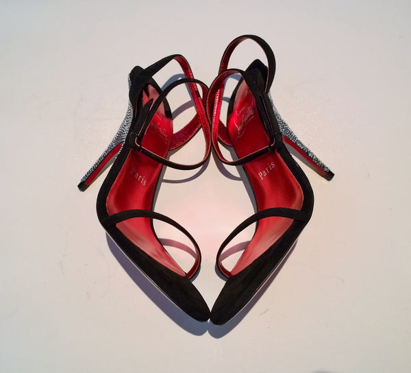 Christian Louboutin Arch Queen 100 Black Suede Rhinestone Sandals Heels