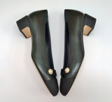 Chanel Black Leather and Grosgrain Block Heel Shoes with CC Pearl Detail