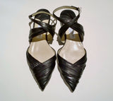 Jimmy Choo Basil Black Leather Pleated Ankle Strap Flats Shoes