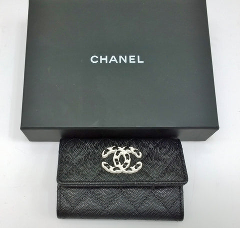 Chanel Black Cavier Leather Quilted CC Logo Small Flap Card Holder Wallet