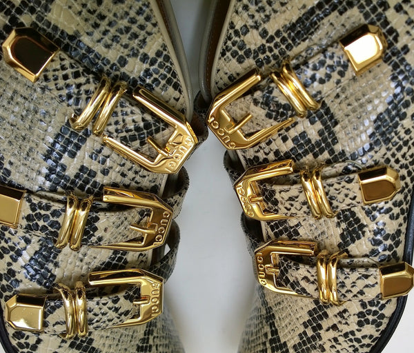 Gucci Python Print Leather Ankle Boots with Gold Logo Buckles Shoes Avana
