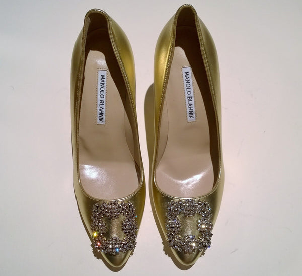 Manolo Blahnik Gold Leather Hangisi Rhinestone Buckle 90 Heels NIB Shoes