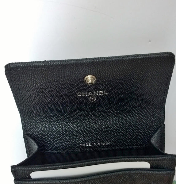 Chanel Black Cavier Leather Quilted CC Logo Small Flap Card Holder Wallet