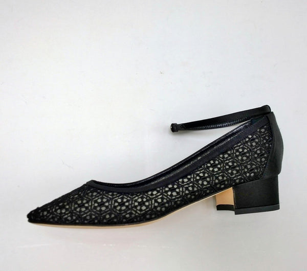 Manolo Blahnik Listana Lace and Satin Ankle Strap Block Heels
