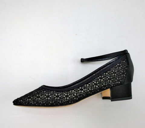 Manolo Blahnik Listana Lace and Satin Ankle Strap Block Heels