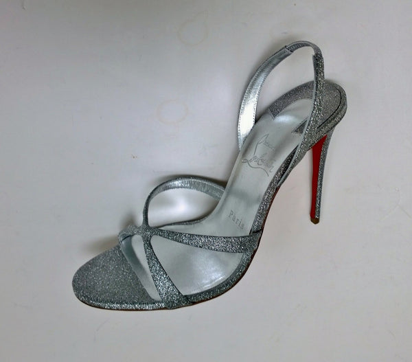 Christian Louboutin Emilie 100 Silver Glitter Sandals Slingback Heels