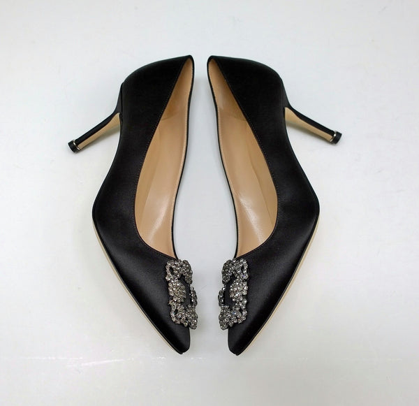 Manolo Blahnik Hangisi 70 Black Satin Rhinestone Buckle Strass Heels